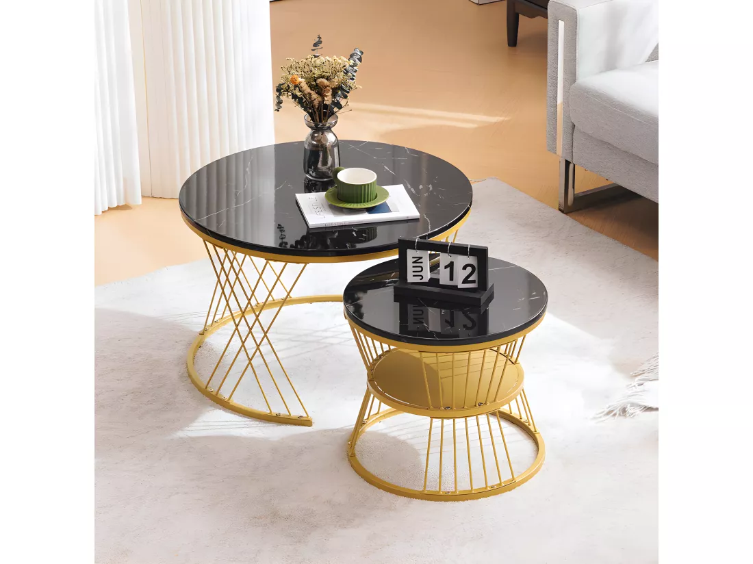 Lot de 2 Tables gigognes - placage à motif de marbre - structure dorée - Noir
