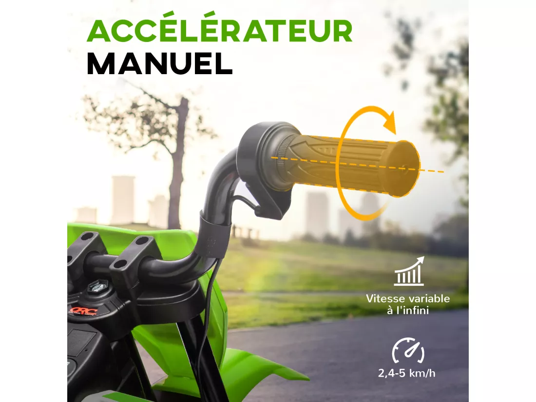 Moto cross électrique dirt bike enfant 12V 2 moteurs 2 vitesses 2,4-5 Km/h musiques vert