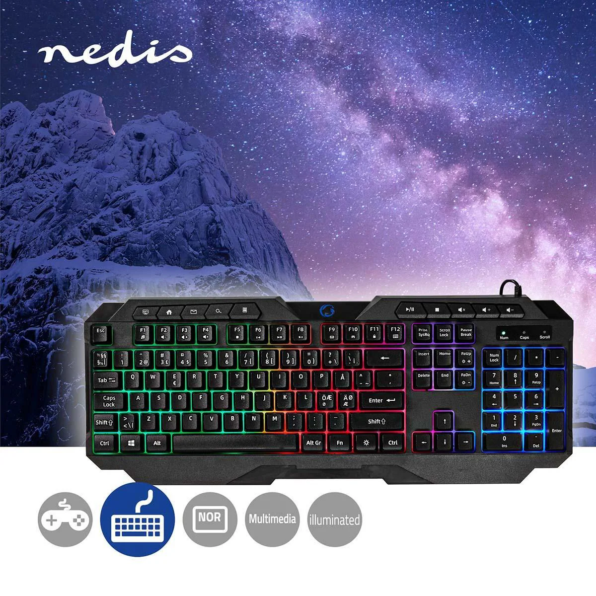 Nedis Wired Gaming Keyboard | USB Type-A | Membrantaster | LED | QWERTY | ND Layout | USB-Strøm | Strømkabel lengde: 1.30 m | Multimedia