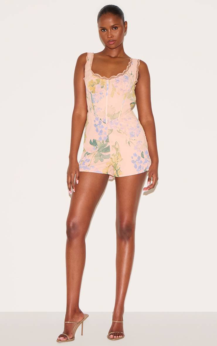 Rose Combinaison-short En Mousseline À Imprimé Fleuri Marron Avec Détail Corset