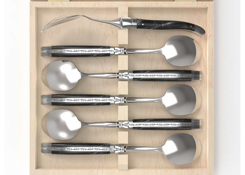 Service de 6 grandes cuillères Laguiole avec un manche en corne brune et mitres en acier inoxydable
