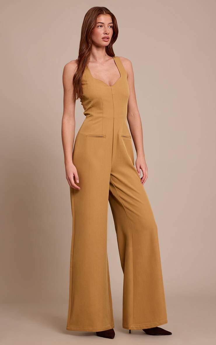 Vert Olive Combinaison-pantalon Large Tissée À Col V Avec Détail De Poches