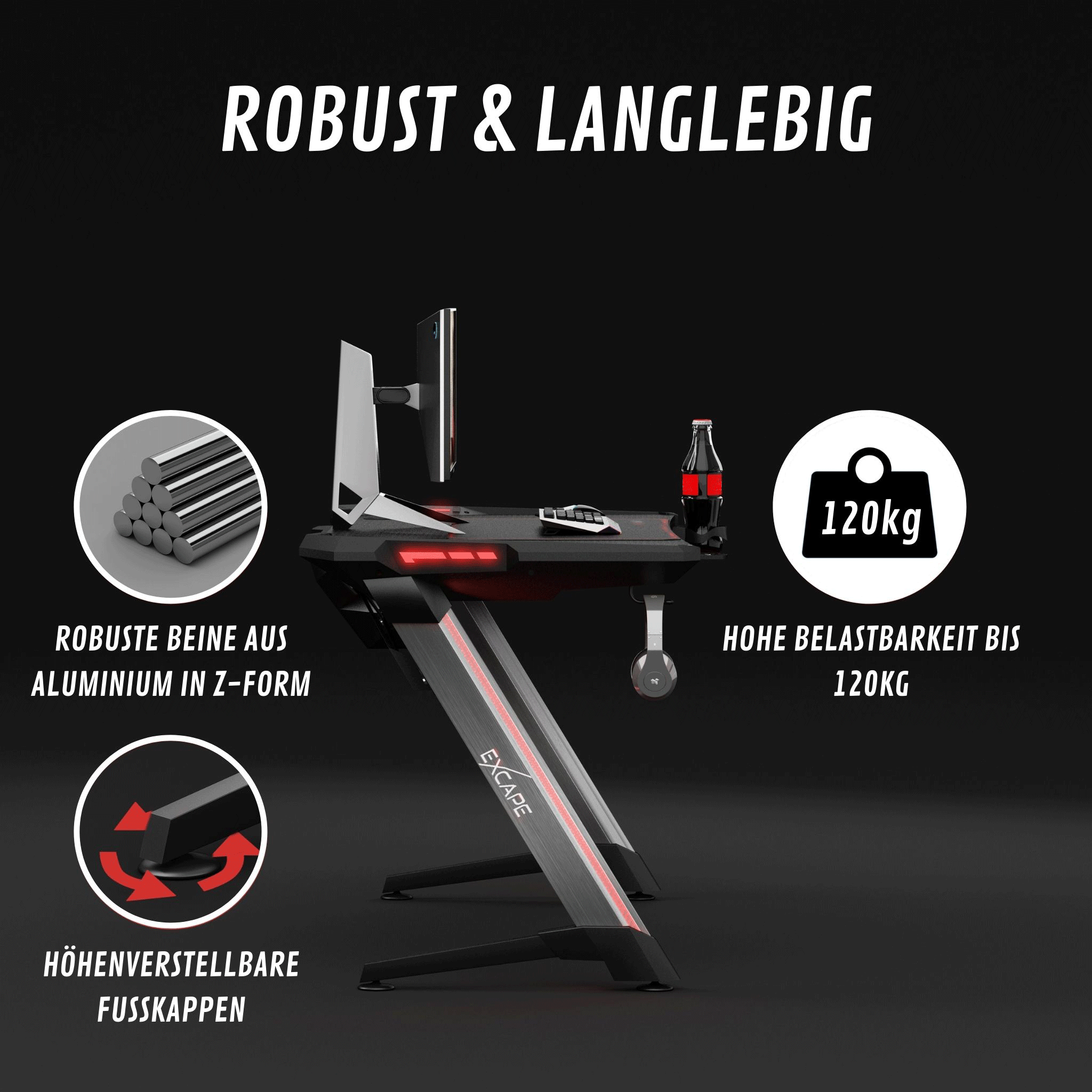EXCAPE Gaming Tisch Z12 ULTRA mit LED/RGB Beleuchtung 120cm Breit, Carbon-Optik, Schreibtisch Gaming, Gamingtisch Getränkehalter, Kopfhörerhalter, PC Tisch Gamer, Tischplatten / 120cm x 60xm