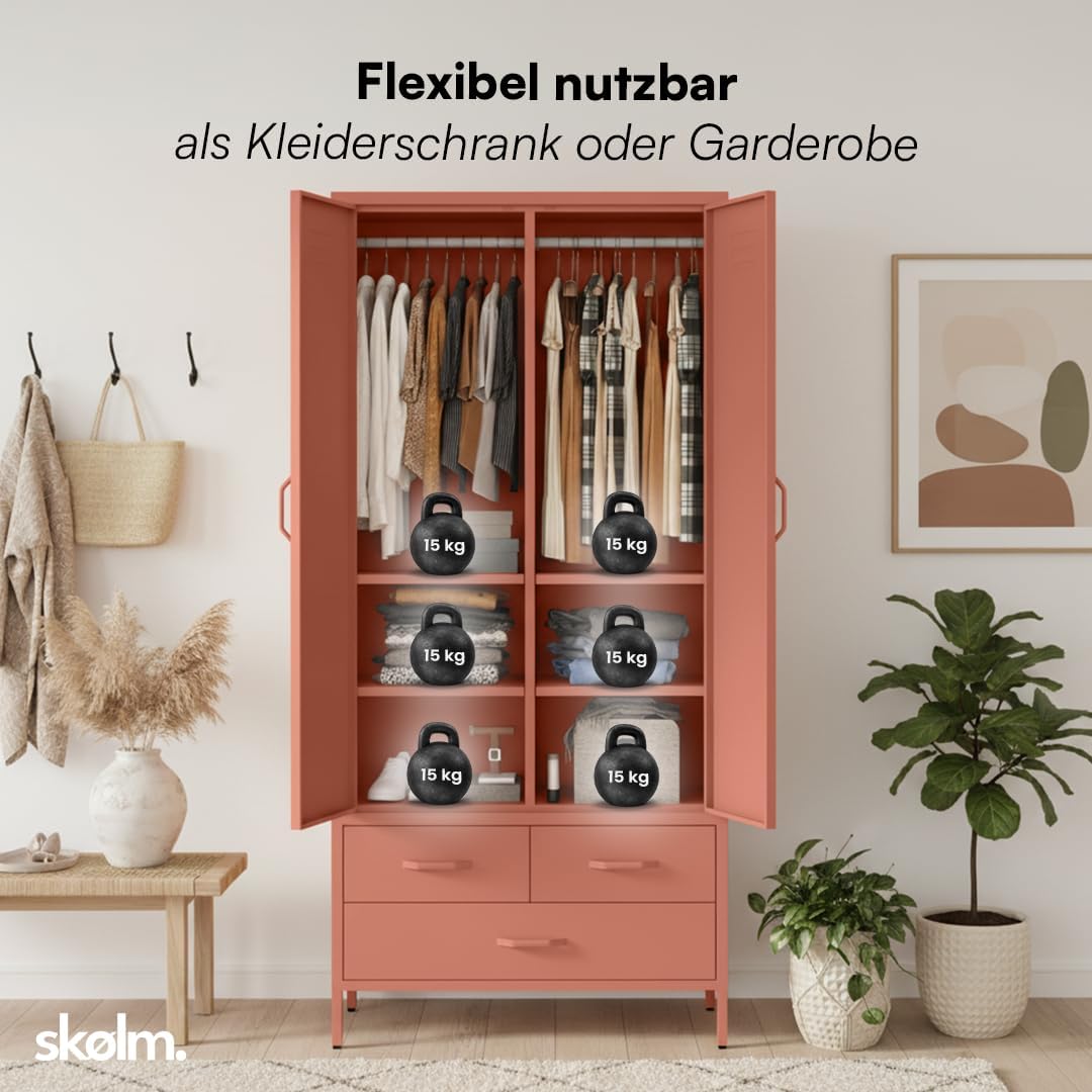 skølm Atria Kleiderschrank Metall – Metallschrank mit 6 Fächern, 2 Kleiderstangen & 3 Schubladen – Garderobenschrank in Terrakotta – Metallkleiderschrank 80 cm breit – Schlafzimmerschrank/Flurschrank