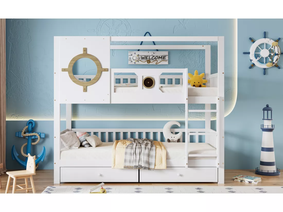 Lits superposés 2 x 90 x 200 cm avec 2 tiroirs, fenêtre & garde-corps - pin + MDF - blanc (sans matelas)