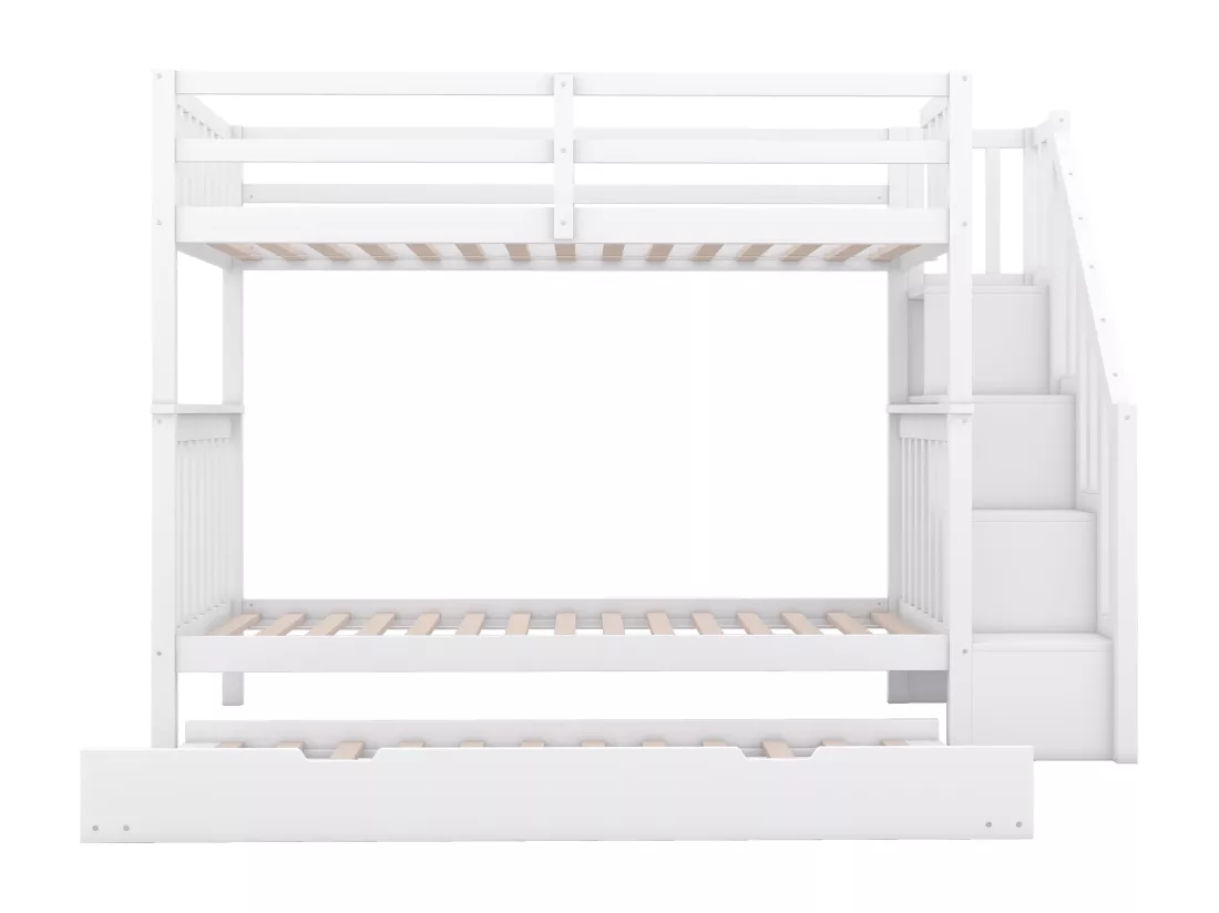Lit superposé pour enfants, cadre escalier, avec lit gigogne, barrières hautes, blanc, 90*200 cm