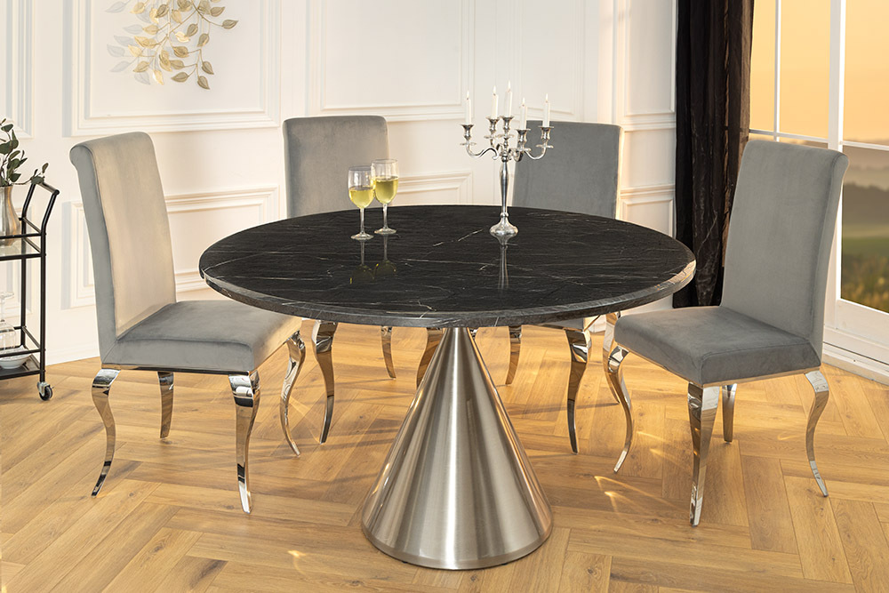 Runder Esstisch ELEGANCIA 130cm schwarz Marmor chrom Stahl mit Säulenfuß