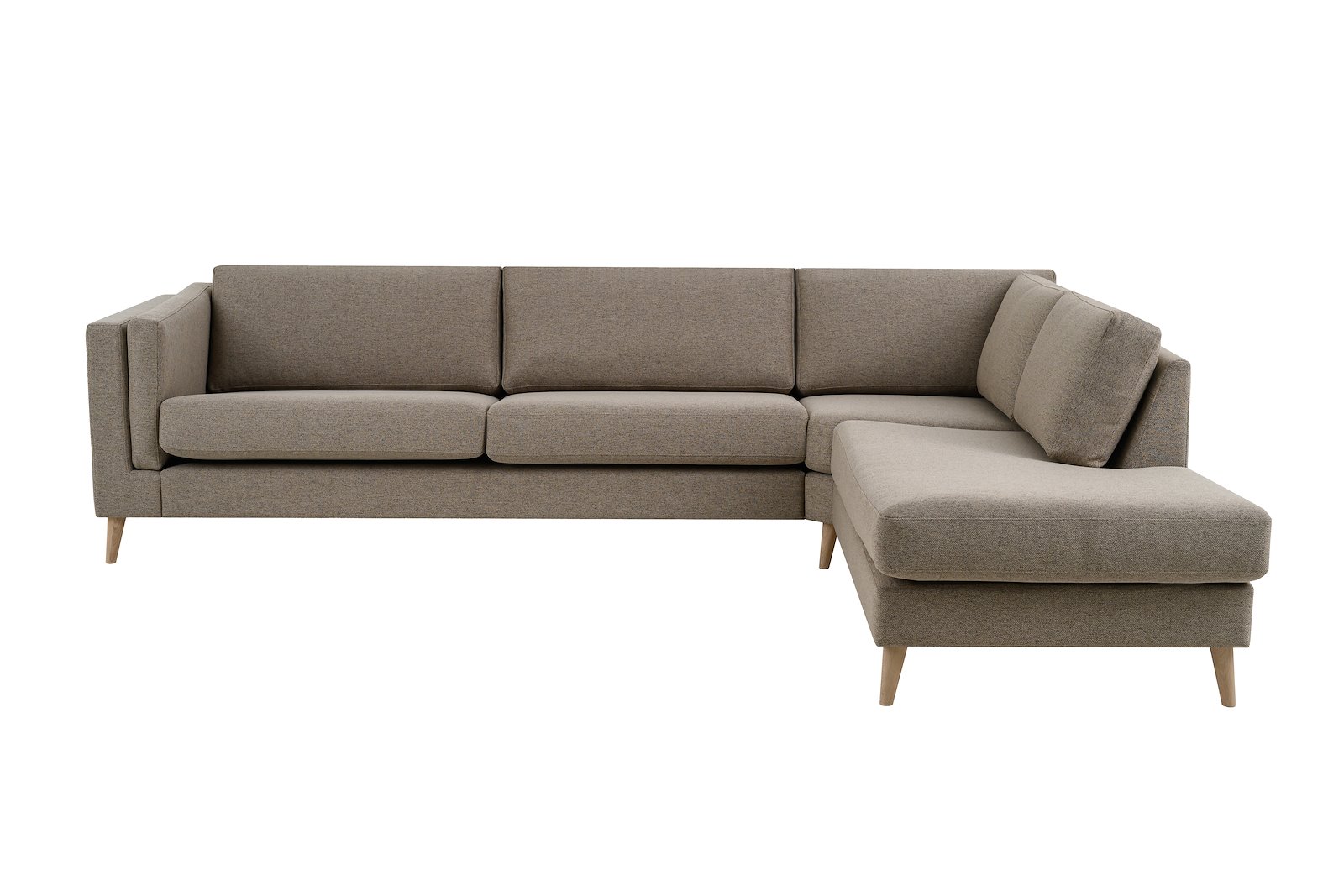 Edda hjørnesofa 3-seter med åpen ende høyre Tekstil Neve 9 cappuccino, ben 8, armlen G.