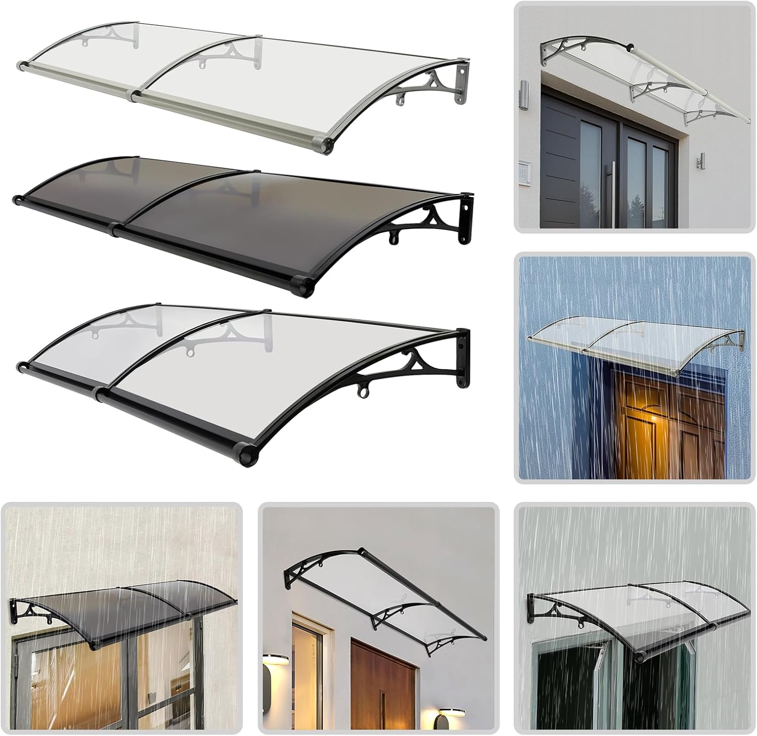 Vordach für Haustür 200x60 cm, Überdachung Haustürvordach, Polycarbonat Überdachung, Aluminiumlegierung Halterung, UV-Schutz, Regenschutz, Schneeschutz (Transparentes Überdachung + Schwarze Halterung)