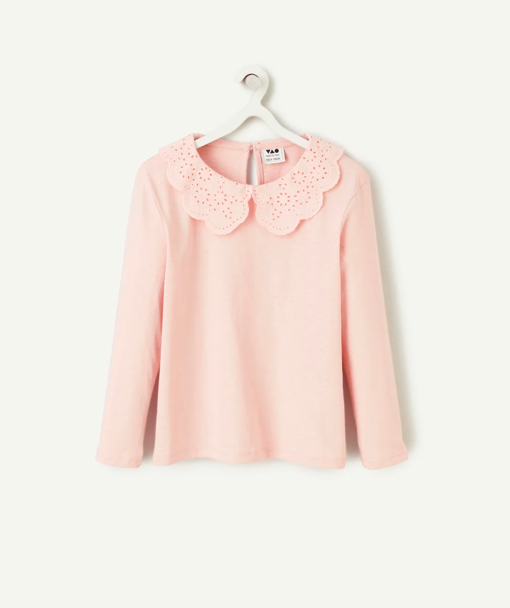 T-SHIRT FILLE EN COTON BIOLOGIQUE ROSE AVEC COL CLAUDINE BRODÉ