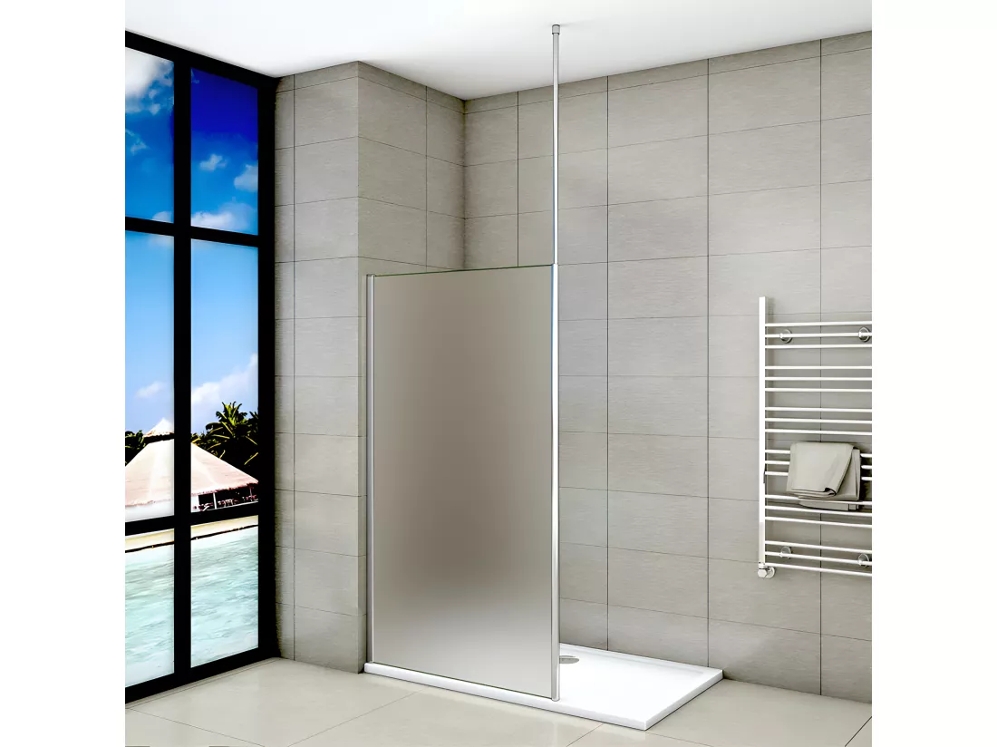 Paroi de douche à l'italienne 140x200cm - 8mm verre trempé sablé - Avec barre de fixation au plafond 203-320cm