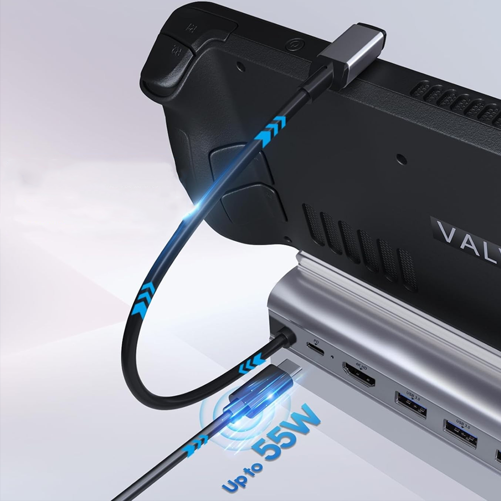 Alu Steam Deck / OLED Dockingstation Ladegerät Charging Dock Stand mit HDMI 4K@60Hz / USB C PD 55W / LAN / 3x USB A 3.0 - Grau