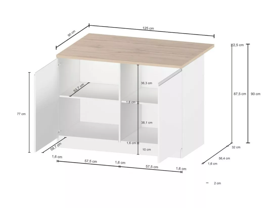 Îlot de cuisine Daffaticat, Armoire polyvalente, Meuble de kitchenette, Table auxiliaire, 100% Made in Italy, 125x90h90 cm, Blanc brillant et chêne