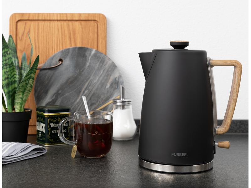 FURBER Wasserkocher Chaplin 1.7 l, Schwarz matt Wasserkocher mit 360°-Sockel mit Kabelaufwicklung