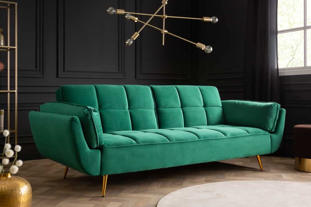 Retro Schlafsofa BOUTIQUE 215cm smaragdgrün Samt 3-Sitzer mit goldenen Füßen