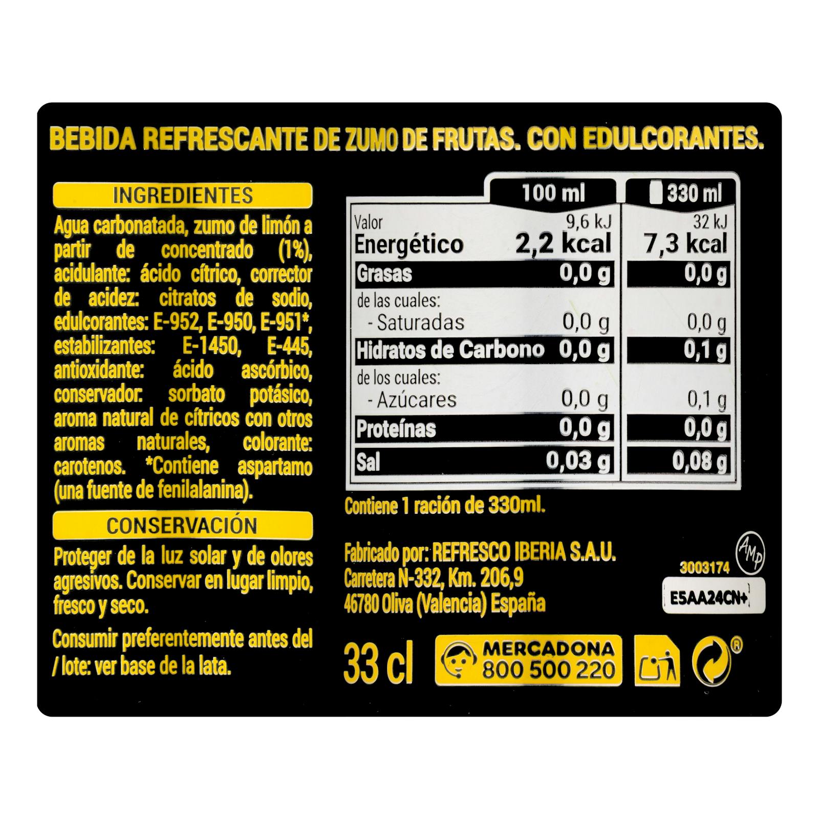 Soda au citron pétillant frais sans sucre Hacendado