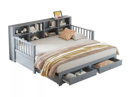 Canapé-lit gigogne en bois massif 90/180x190 cm - avec prise de charge - avec rangement - avec 2 tiroirs - sommier à lattes - gris（matelas non inclus)