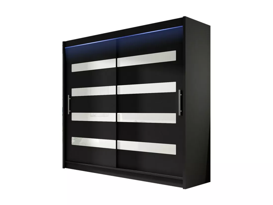Armoire Closico 156, Noir|Blanc brillant, 215x180x58cm, Portes d'armoire: Glissement