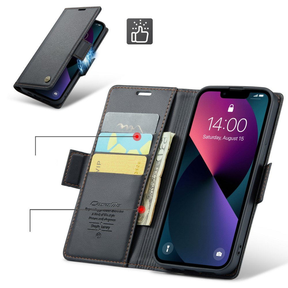 iPhone 15 Leder Tasche Flip Wallet Etui mit Kartenfächern Litchi Look (RFID Schutz) - Schwarz