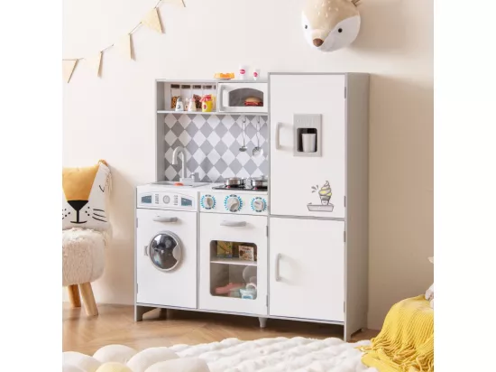 Cuisine Enfant en Bois avec Effets Sonores et Lumières, avec Machine à Laver et Micro-Ondes, Machine à Glaçons, Jouet de Simulation pour Enfant de 3 Ans+