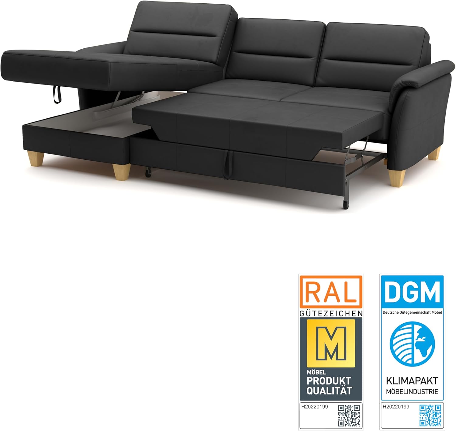 CAVADORE Leder-Eckcouch Palera mit Longchair / Landhaus-Sofa mit Federkern, Bettfunktion + Bettkasten / 244 x 89 x 163 / Leder Schwarz