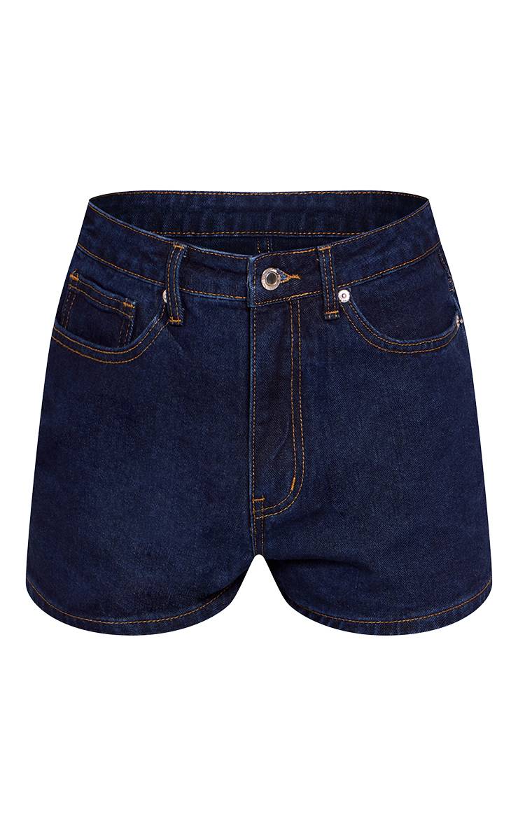 Bleu Indigo Short Mom Taille Haute À Surpiqûres Contrastantes