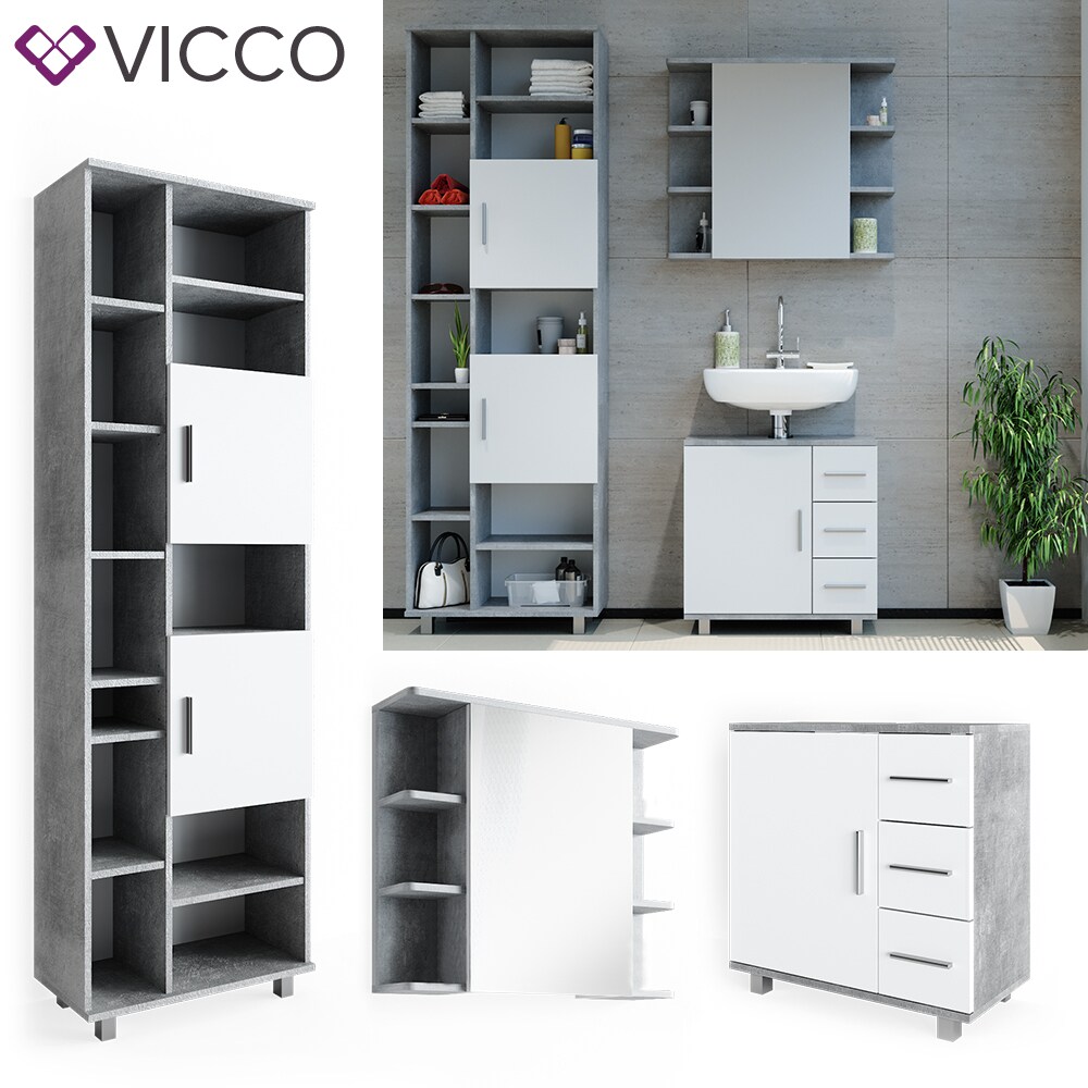 VICCO Badmöbel Set ILIAS Weiß Beton Bad Spiegel Kommode Unterschrank Badschrank