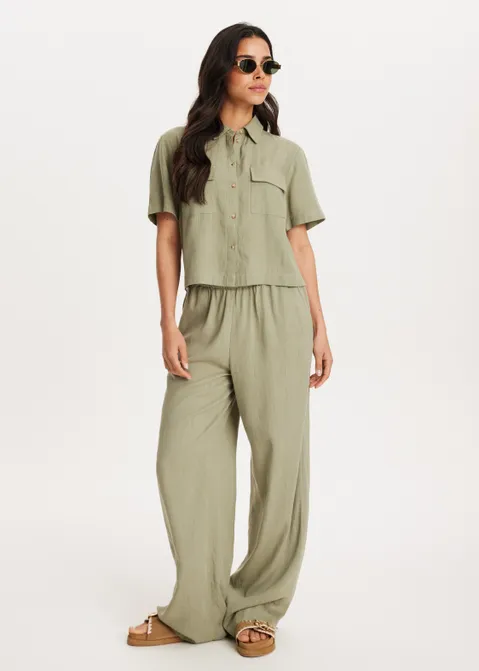 Linnen mix korte mouwen blouse groen (GRN.O)