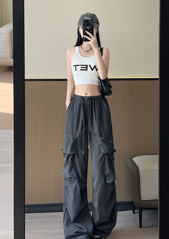 evanesce - Strikaccent Hoge Taille Effen Wijde Pijpen Parachute Cargo Joggingbroek