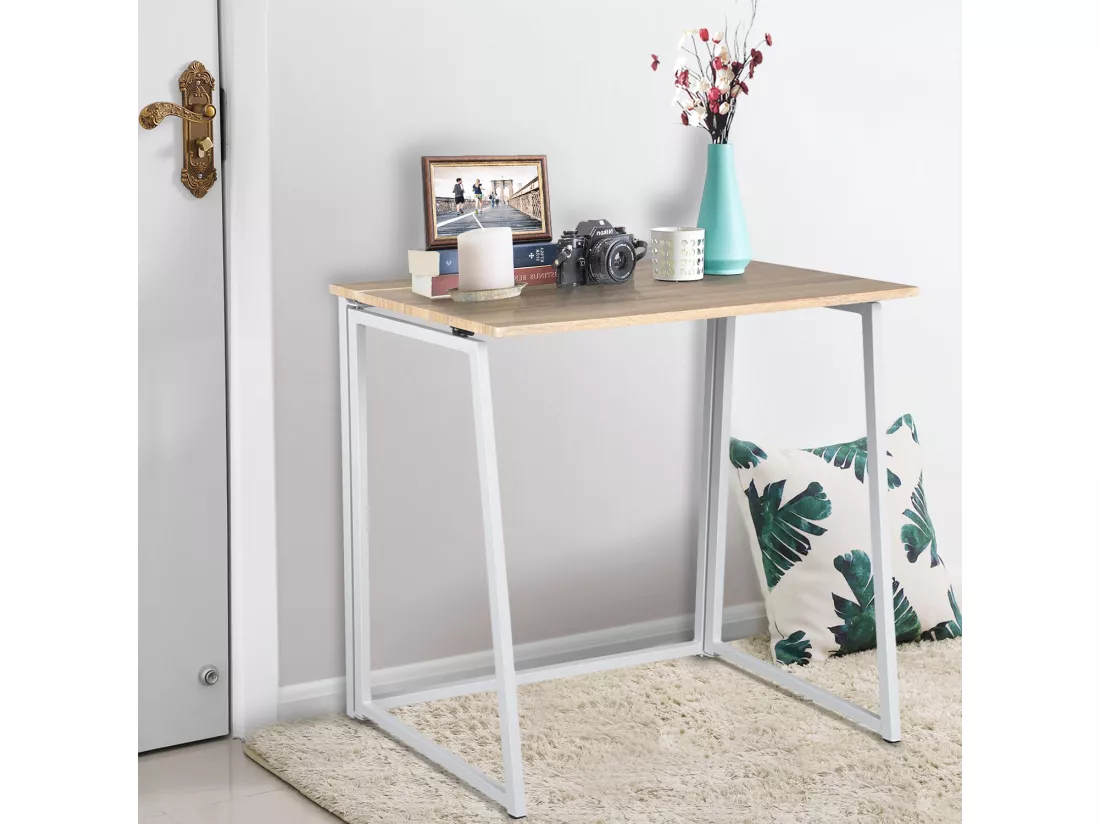 Bureau Pliable Imitation Chêne et métal Blanc Style Industriel