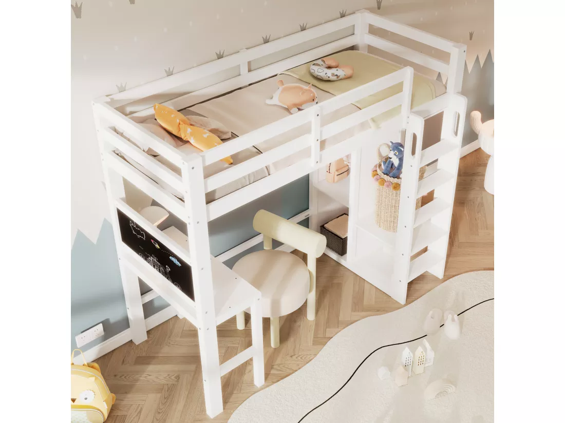 Lit mezzanine 90 x 200 cm pour enfant avec bureau, armoire et étagères - Bois de pin et MDF - Blanc