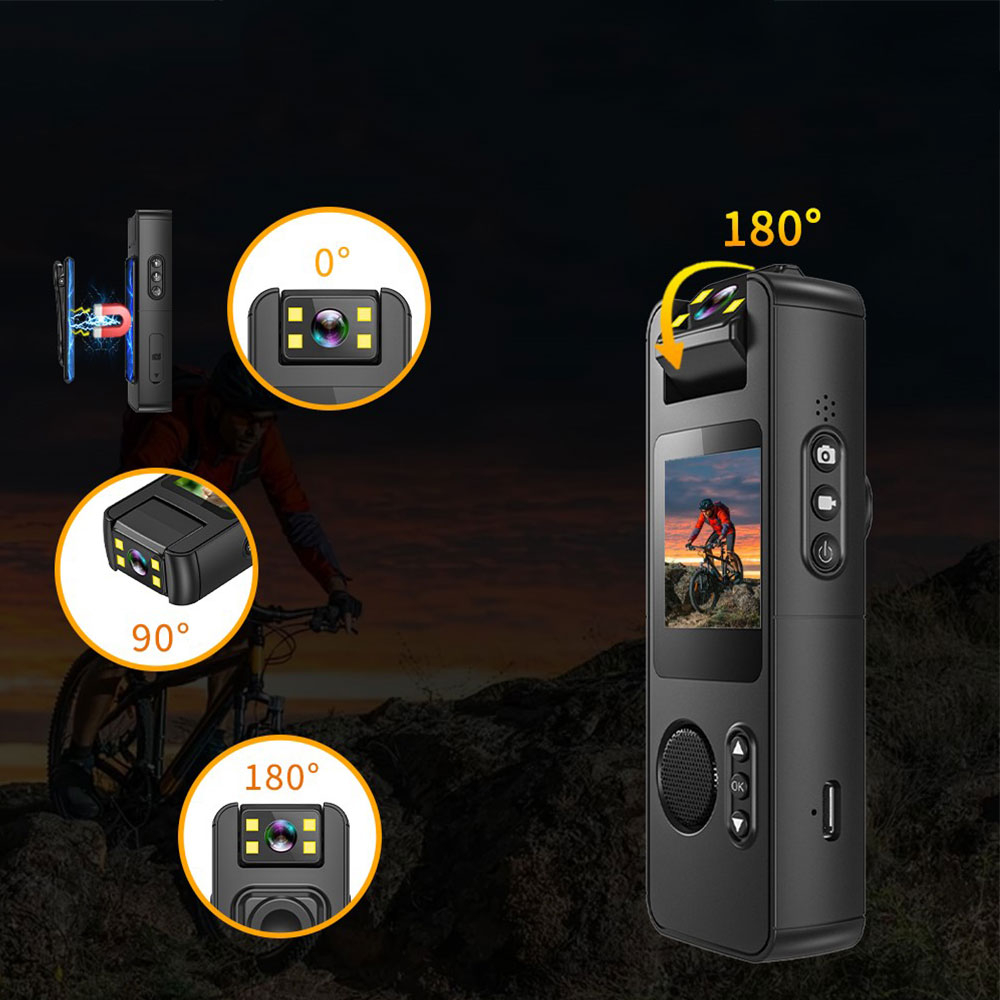 Mini 1080p Sport-Kamera Bodycam mit Sprachaufzeichnung / Taschenlicht / MicroSD Slot / 180° Blickwinkel und Clip-Halter - Schwarz