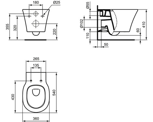 Ideal Standard Connect Air wandcloset, randloos, matzwart, zonder toiletzitting E0054V3