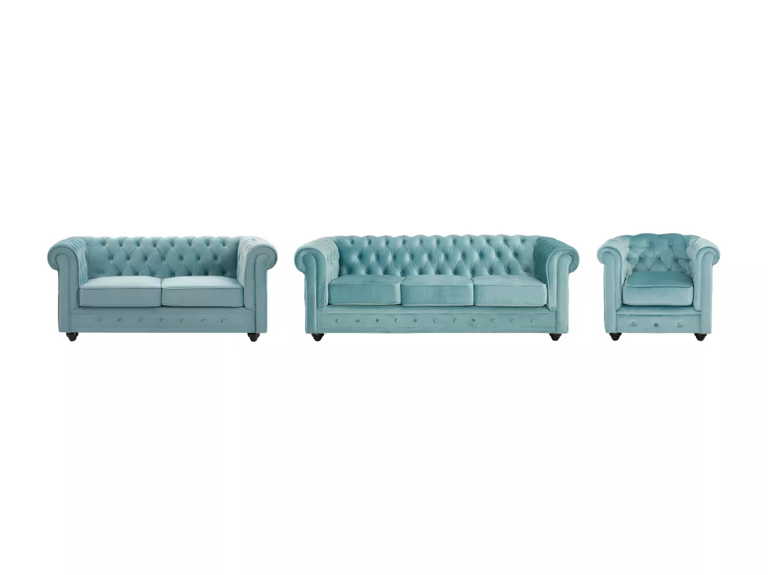 Canapés 3 places et 2 places et fauteuil en velours bleu pastel CHESTERFIELD