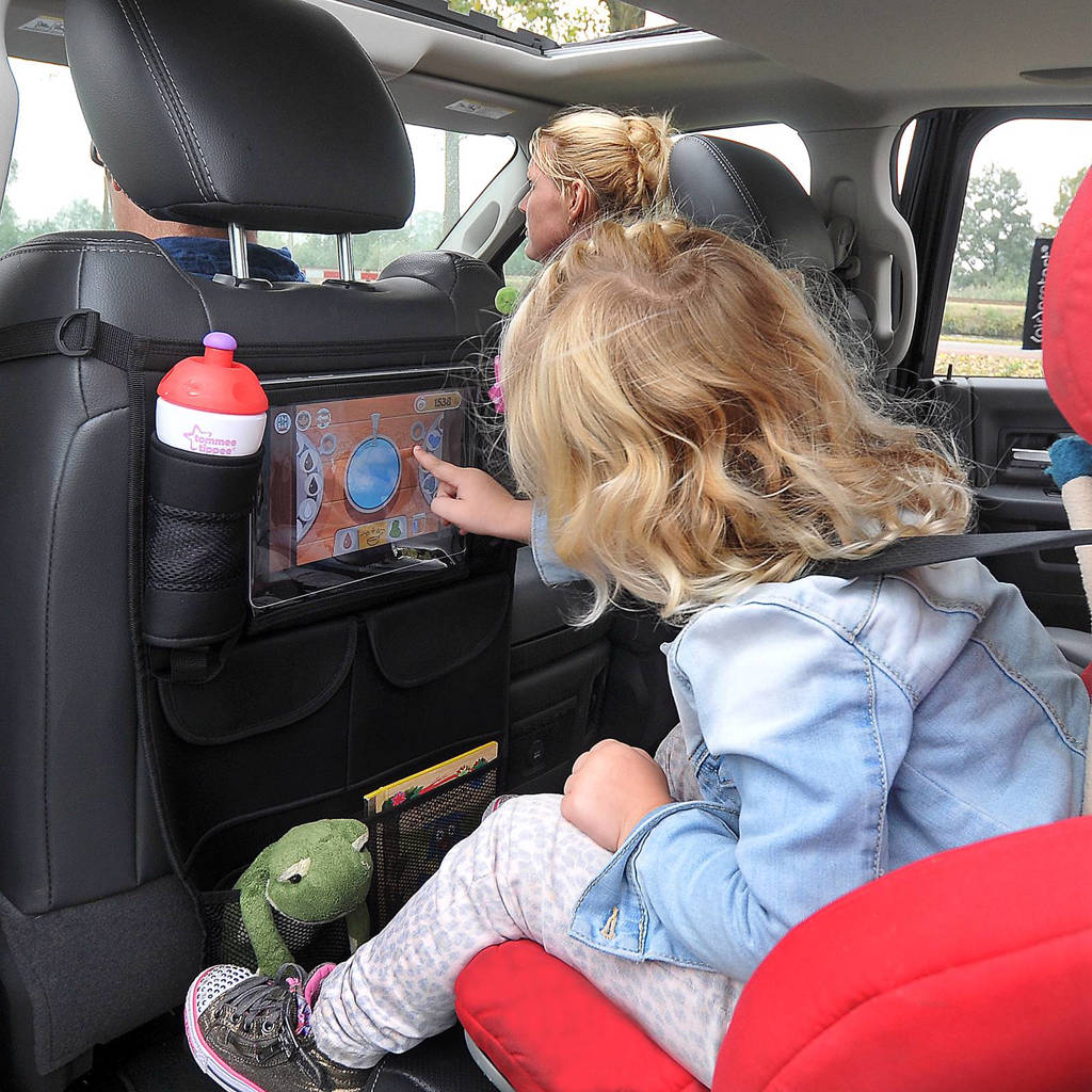 Handig en beschermd goedautostoel organizer met tablethouder