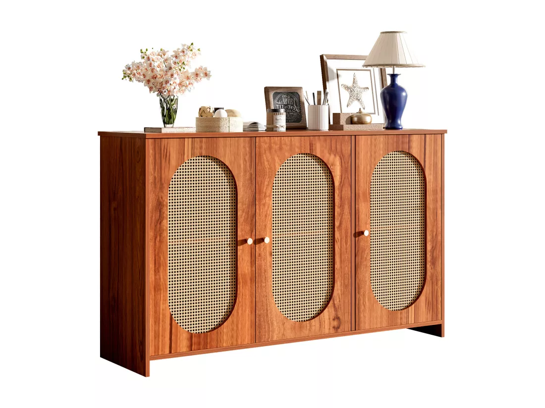 Buffet moderne avec 3 portes en imitation rotin - 125 x 38 x 78 cm - Bois MDF - Noyer