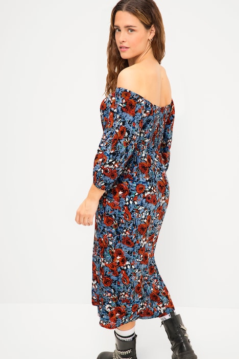 Midikleid, A-Line, Print, herzförmiger Ausschnitt, 3/4-Ärmel