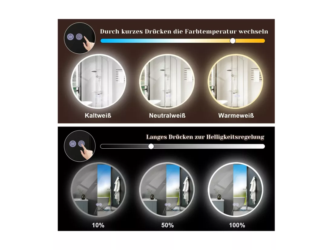 NETTLIFE Miroir avec éclairage Miroir mural LED IP44 rond 60cm avec fonction miroir tactile éclairé rond avec lumière dimmable
