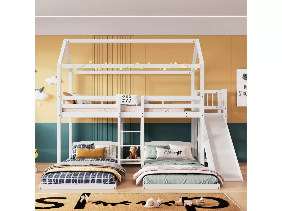 Lit superposé lit enfant 90x200 cm 3 places avec toboggan, escalier et étagères ouvertes - blanc