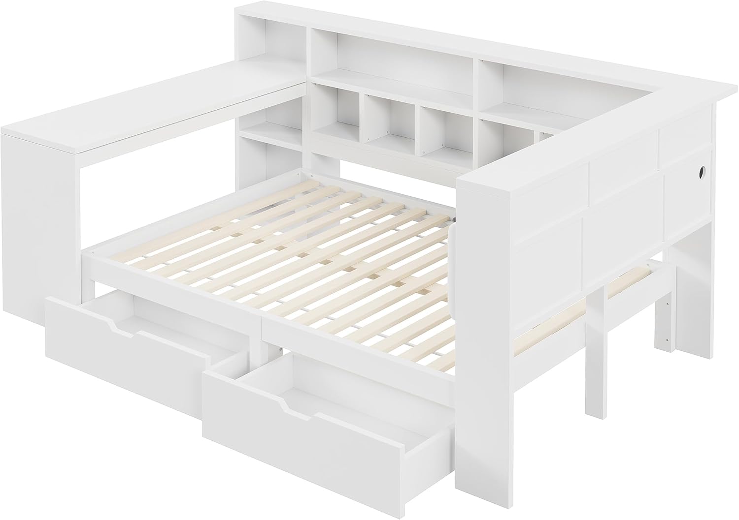 Kebnor L-förmiges Holz-Plattformbett mit Schreibtisch und Bücherregal, Eck-Kapitänsbett mit gepolstertem Kopfteil, Schubladen unter dem Bett, LED-Licht - Weiß (140x200cm)