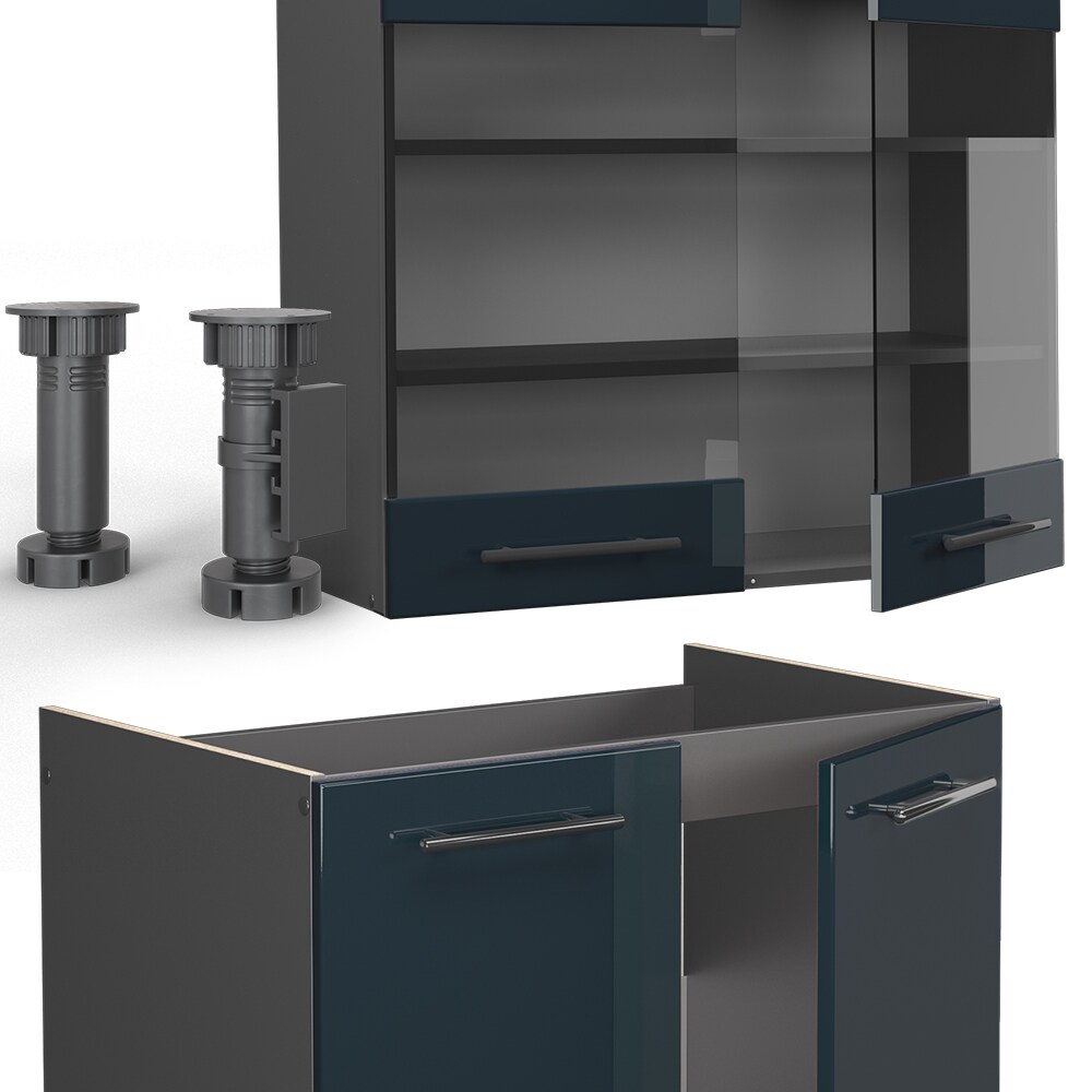 Vicco Küchenzeile Fame-Line Anthrazit Dunkelblau Hochglanz 240 cm mit Arbeitsplatte Eiche