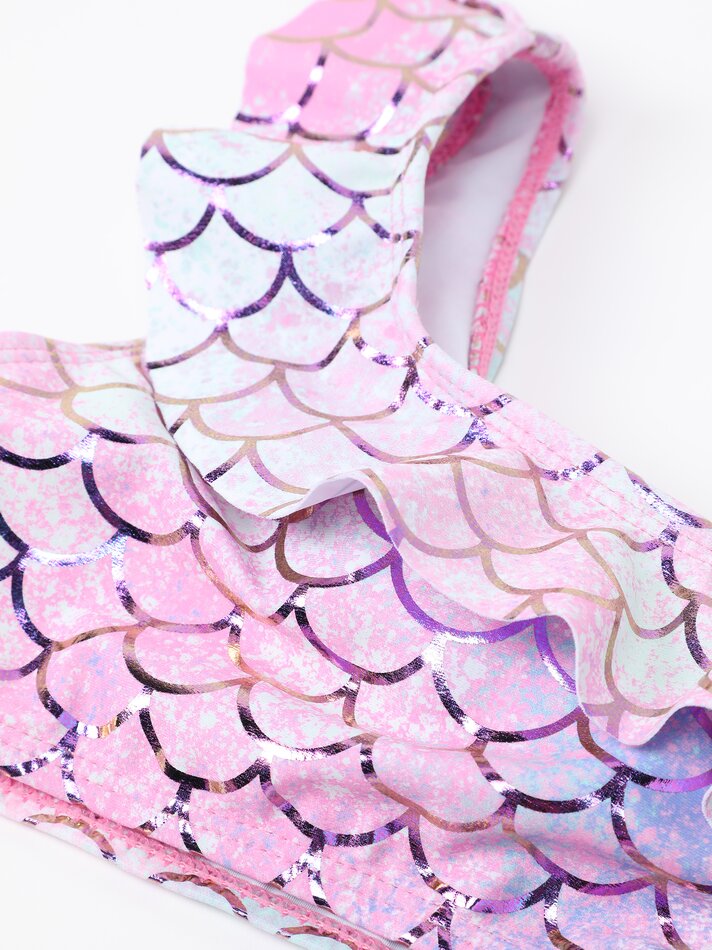 Conjunto de biquíni de duas peças e scrunchie com estampa de sereia - Rosa