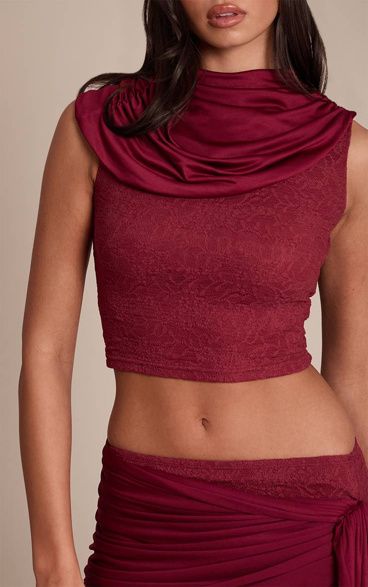 Dark Wine Top Court Cape Froncé En Dentelle Slinky