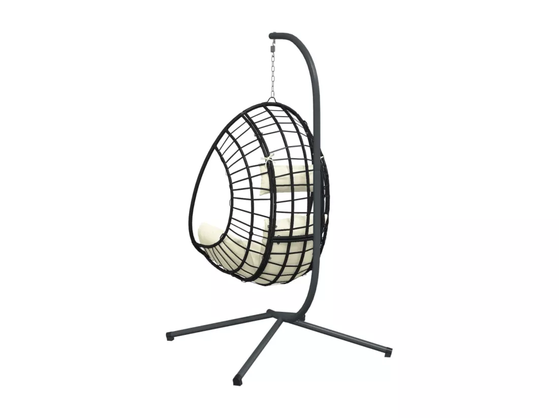 Chaise suspendue en forme d'œuf et support beige rotin et acier