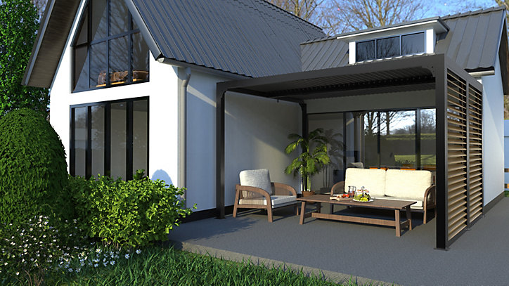 Pergola bioclimatique aluminium gris + ventelles latérales imitation bois 3,6 m x 3 m 10,80 m2