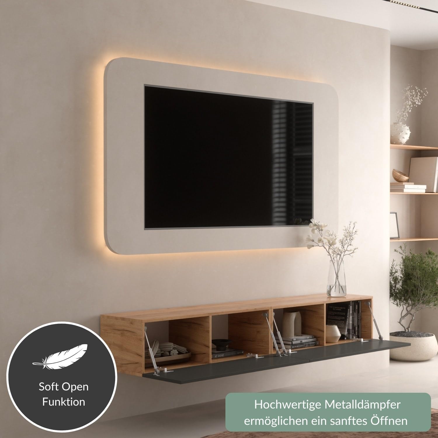 Planetmöbel West TV-Schrank, Fernsehtisch 200 cm lang, TV-Board hängend oder stehend, Fernsehschrank für Wohnzimmer, 2X TV Möbel 37,8 x 100 x 30 cm, Gold Eiche anthrazit