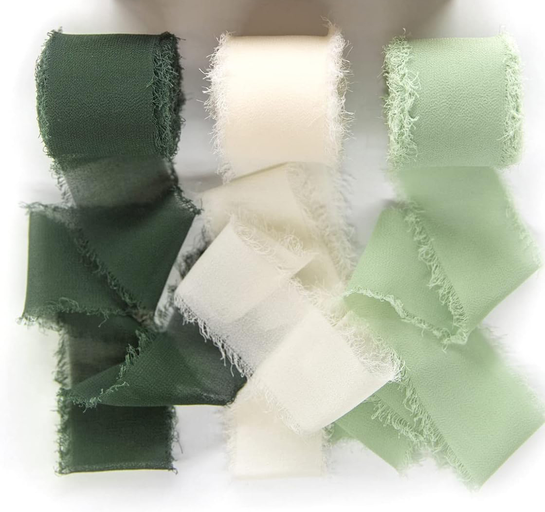 (3er Set) 4cmx5m Chiffon Geschenkband DIY Maschen Deko Band für Geburtstage / Hochzeiten / Taufe - Grün / Weiss