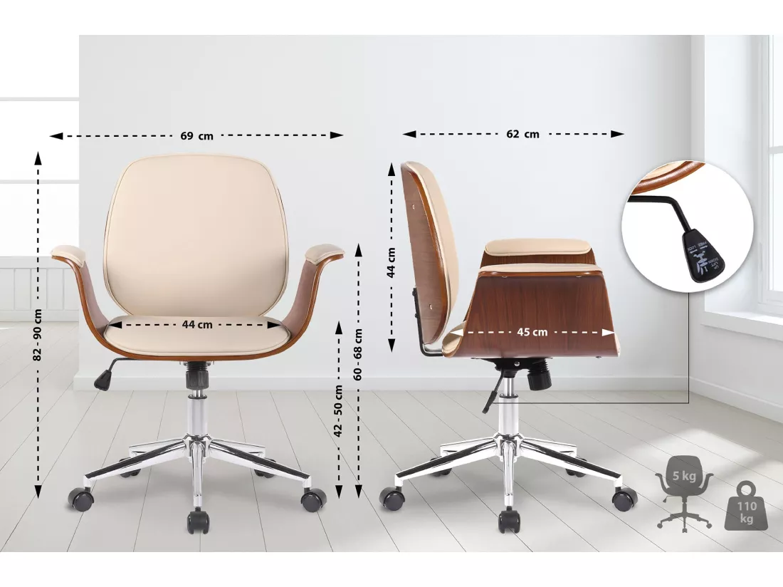 Chaise de bureau - Bois & Métal - Noyer / Crème - Kemberg