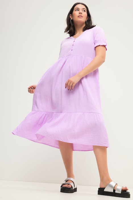 Musselin-Midikleid, A-Line, V-Ausschnitt, Halbarm