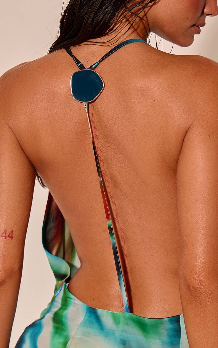 Bleu Turquoise Mini Robe De Plage À Col Bénitier Et Imprimé Flou Multicolore